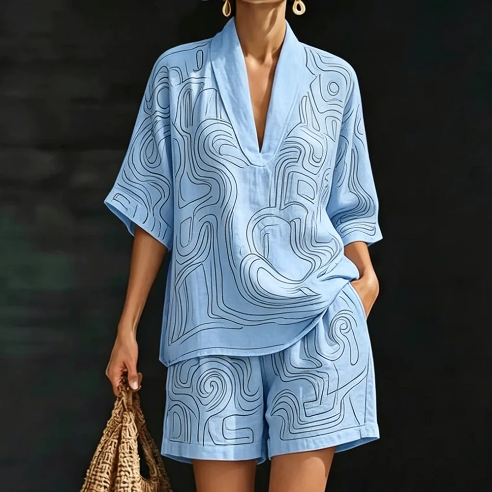 Women's Loose Fit Black Lines Two Piece Set Fashionable Versatile Boho V Neck Top & Shorts Women Relaxed Casual Summer Clothing
Women's Loose Fit Black Lines Two Piece Set Fashionable Versatile Boho V Neck Top & Shorts Women Relaxed Casual Summer Clothing