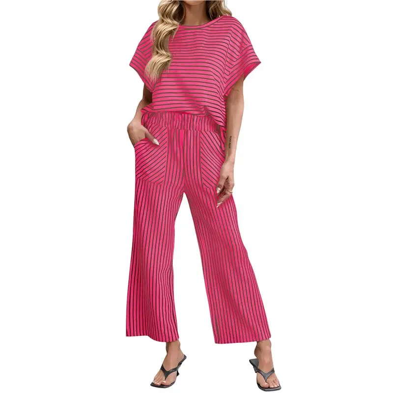CYL-Women's Striped 2 Piece Sets Short Sleeve T Shirts Wide Leg Pants Matching Lounge Set With Pockets
CYL-Women's Striped 2 Piece Sets Short Sleeve T Shirts Wide Leg Pants Matching Lounge Set With Pockets