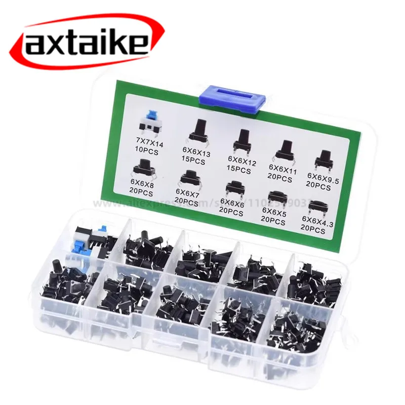 180Pcs 10 Kinds 6x6 Micro Touch Switch Light Tact Push Button Switches Assortment Kit 6x6 Keys ON/OFF DIY Tool Accessories
180Pcs 10 Kinds 6x6 Micro Touch Switch Light Tact Push Button Switches Assortment Kit 6x6 Keys ON/OFF DIY Tool Accessories