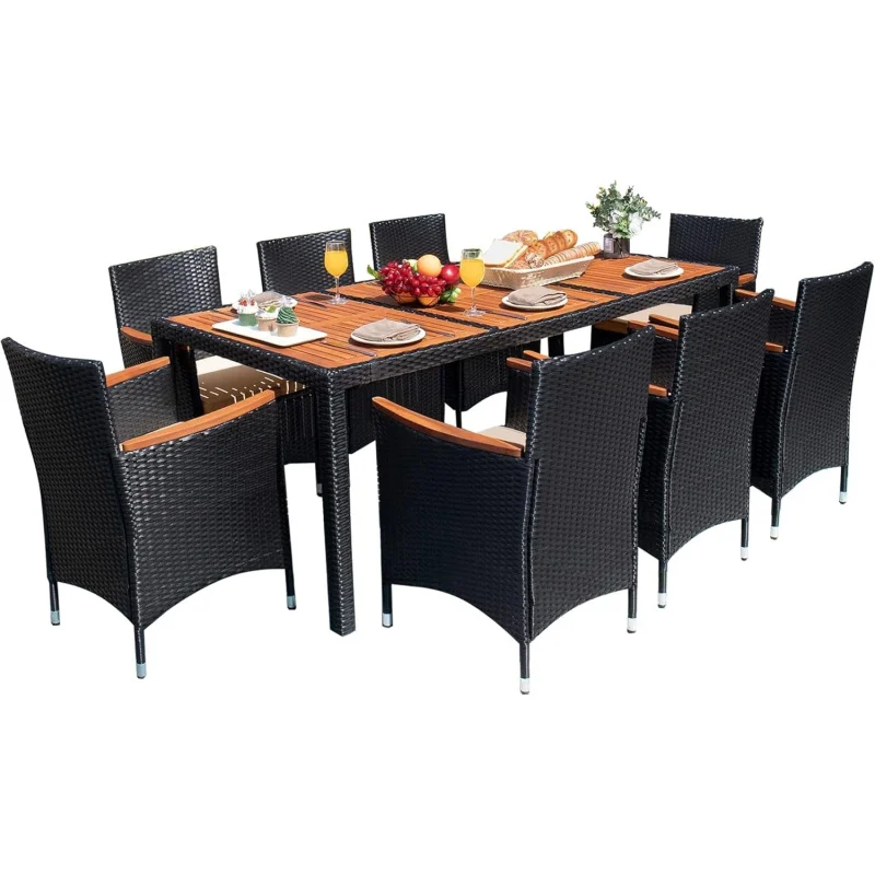 9-Piece Black Wicker Patio Dining Set, Acacia Wood Table Top & Widened Armrest Chairs Backyard Garden Deck
9-Piece Black Wicker Patio Dining Set, Acacia Wood Table Top & Widened Armrest Chairs Backyard Garden Deck