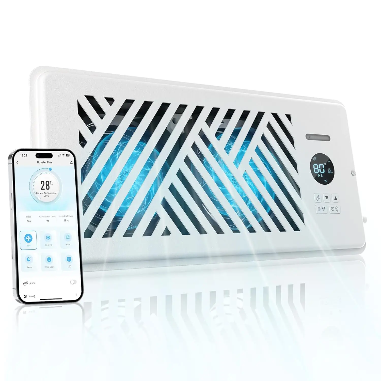 Smart AC Vent Booster Fan 4" x 10" Register with APP Control, Whisper-Quiet 120 CFM Airflow, Built-in Negative Ions, 10-Speed
Smart AC Vent Booster Fan 4" x 10" Register with APP Control, Whisper-Quiet 120 CFM Airflow, Built-in Negative Ions, 10-Speed