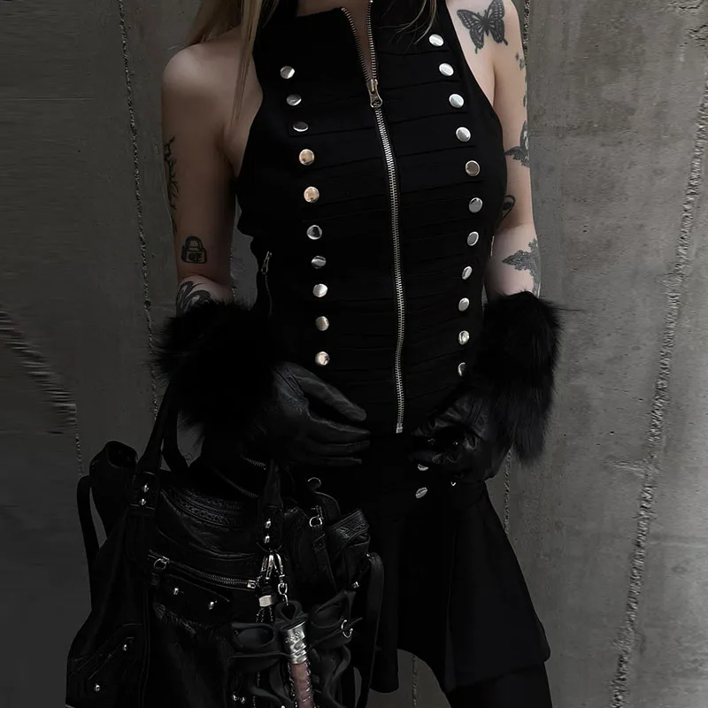Goth Dark Punk Sleeveless Corn Bandage Tanks Top Women Chic Streetwear Slim Zip Vest Mall Gothic Techwear Summer Fashion T-shirt
Goth Dark Punk Sleeveless Corn Bandage Tanks Top Women Chic Streetwear Slim Zip Vest Mall Gothic Techwear Summer Fashion T-shirt