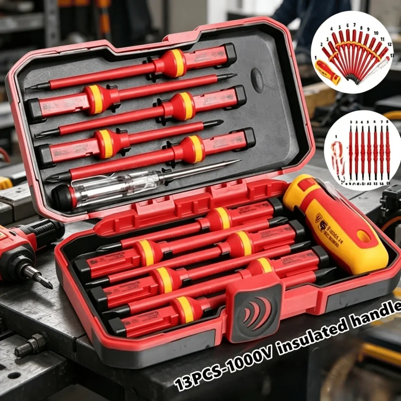 13pcs 1000V Insulated Electrician Screwdrivers Set, Changeable Magnetic Slotted Phillips Pozidriv Torx Bits Repair Tools Kit
13pcs 1000V Insulated Electrician Screwdrivers Set, Changeable Magnetic Slotted Phillips Pozidriv Torx Bits Repair Tools Kit