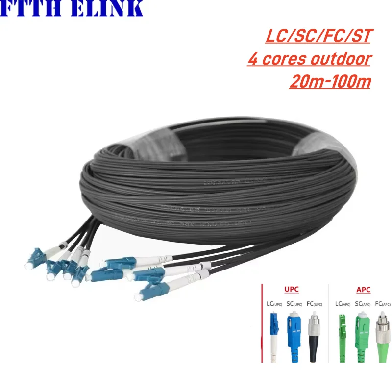 Drop optic patch cord 20-100M LC/UPC 4 Cores 3 steels 2C Outdoor single mode FTTH Drop Fiber Optic Jumper G652D Patch lead cable
Drop optic patch cord 20-100M LC/UPC 4 Cores 3 steels 2C Outdoor single mode FTTH Drop Fiber Optic Jumper G652D Patch lead cable