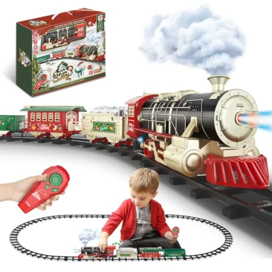 Remote Control Train Set for Ages 3-8: Plastic Red Blue Steam Lights Realistic Sounds 4-Car Electric Toy with Tracks for Indoor
Remote Control Train Set for Ages 3-8: Plastic Red Blue Steam Lights Realistic Sounds 4-Car Electric Toy with Tracks for Indoor