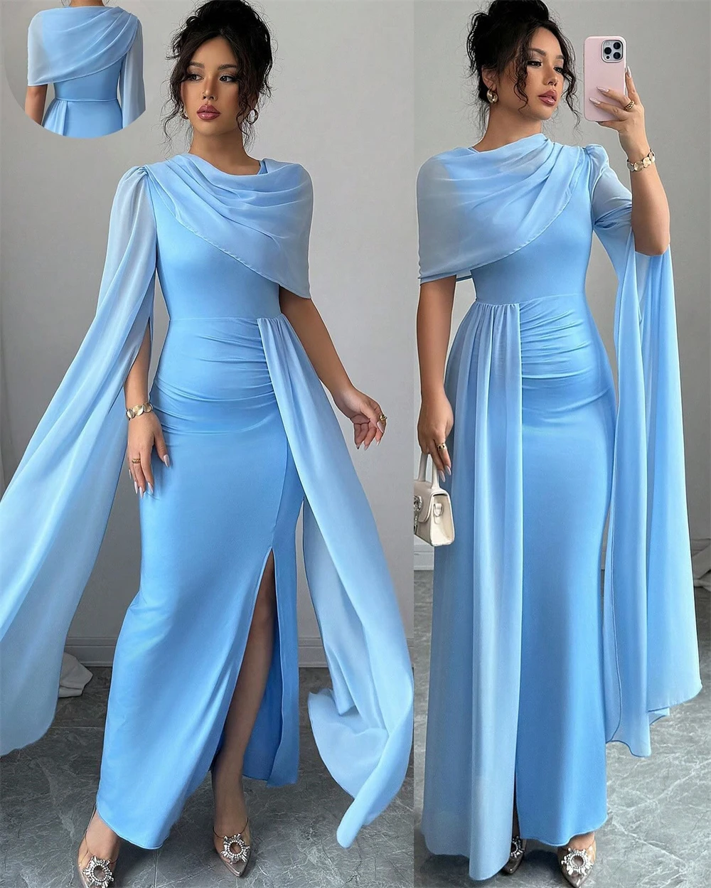 Customized Mermaid Simple Blue Jersey Evening Dress Elegant O-Neck Homecoming Dresses Luxury Sweep Train Vestido De Fe
Customized Mermaid Simple Blue Jersey Evening Dress Elegant O-Neck Homecoming Dresses Luxury Sweep Train Vestido De Fe