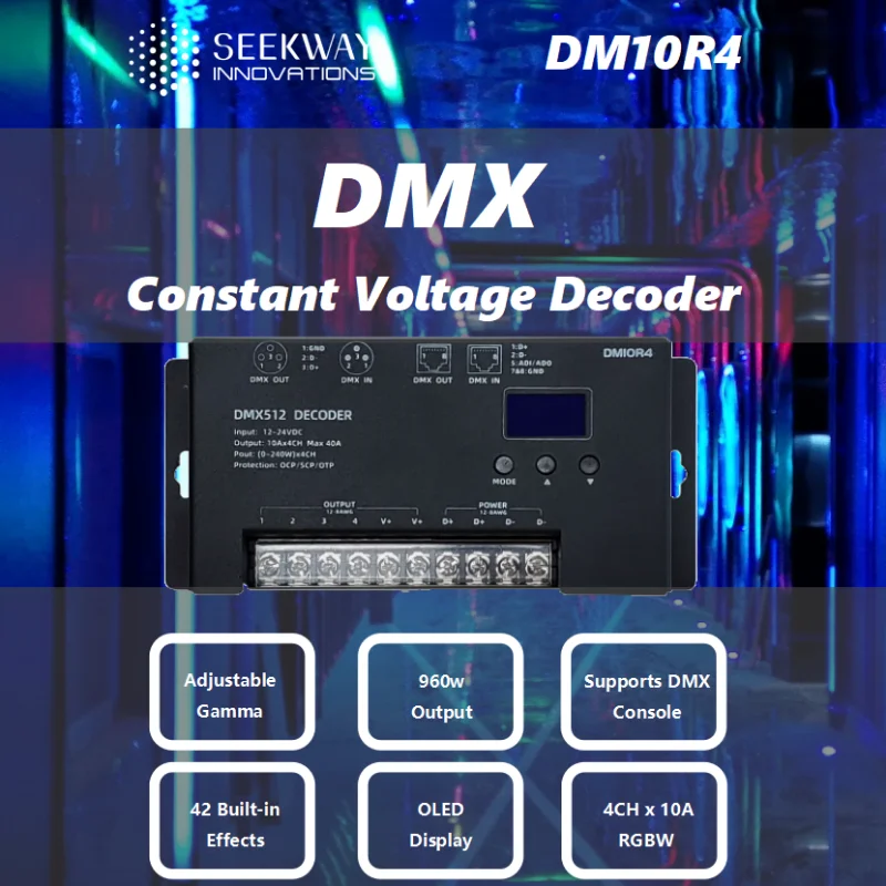 DMX 512 Decoder 4CH x 10A LED RGBW Controller DC12V-24V up to 960W, with OLED Screen,42 Built-In Effects, Auto Addressing
DMX 512 Decoder 4CH x 10A LED RGBW Controller DC12V-24V up to 960W, with OLED Screen,42 Built-In Effects, Auto Addressing
