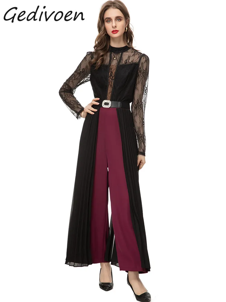 Gedivoen Spring Fashion Designer Black Vintage Spliced Jumpsuit Women Stand Collar Long Sleeve Lace Sashes Slim Pleated Jumpsuit
Gedivoen Spring Fashion Designer Black Vintage Spliced Jumpsuit Women Stand Collar Long Sleeve Lace Sashes Slim Pleated Jumpsuit