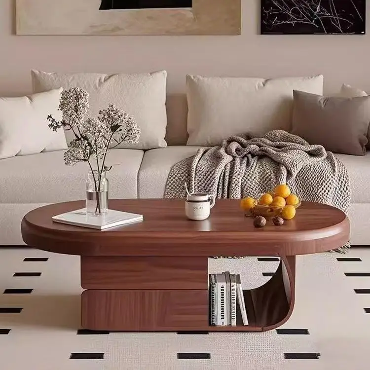 Solid wood oval coffee table, open storage with drawers, medieval walnut color living room household tea table
Solid wood oval coffee table, open storage with drawers, medieval walnut color living room household tea table