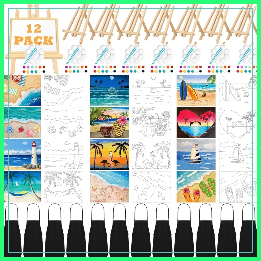 12 Set Pre Drawn Canvas Painting Kit with Easels, 8x10 Inches, Paints, Brushes, Palette, Bag, Apron - Beach Theme
12 Set Pre Drawn Canvas Painting Kit with Easels, 8x10 Inches, Paints, Brushes, Palette, Bag, Apron - Beach Theme