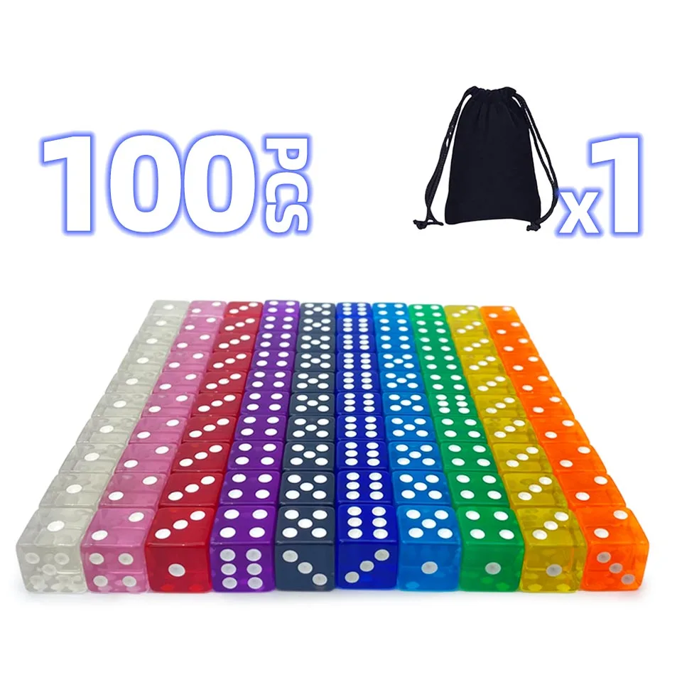 100 Pcs Per Package 10 Color 16mm Acrylic 6 Side D6 Square Corner Transperent Colorful Dice For Board Game Casino Party Gift
100 Pcs Per Package 10 Color 16mm Acrylic 6 Side D6 Square Corner Transperent Colorful Dice For Board Game Casino Party Gift