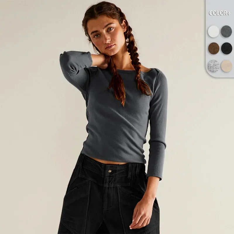New long sleeved top, short style, sexy interior, one cut collar decoration, slim fit, Y2K solid color versatile pullover
New long sleeved top, short style, sexy interior, one cut collar decoration, slim fit, Y2K solid color versatile pullover