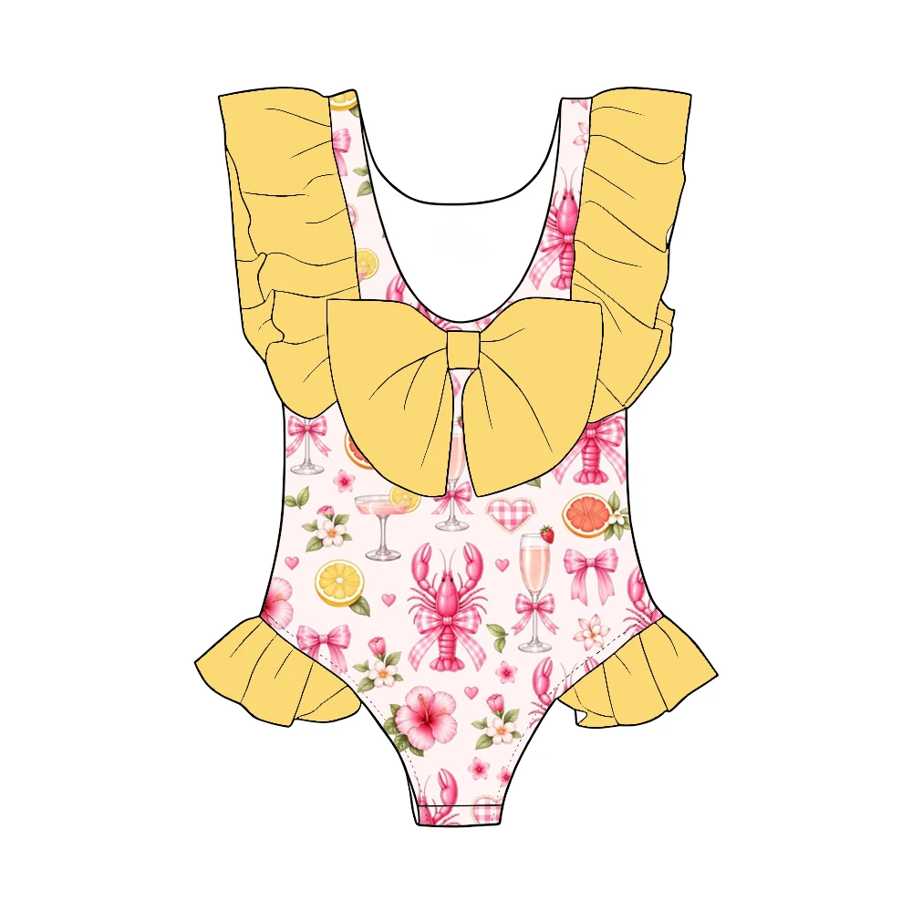 Boutique Hot-selling girls' jumpsuit Round neck ruffles bow decoration dessert Lobster print custom wholesale
Boutique Hot-selling girls' jumpsuit Round neck ruffles bow decoration dessert Lobster print custom wholesale