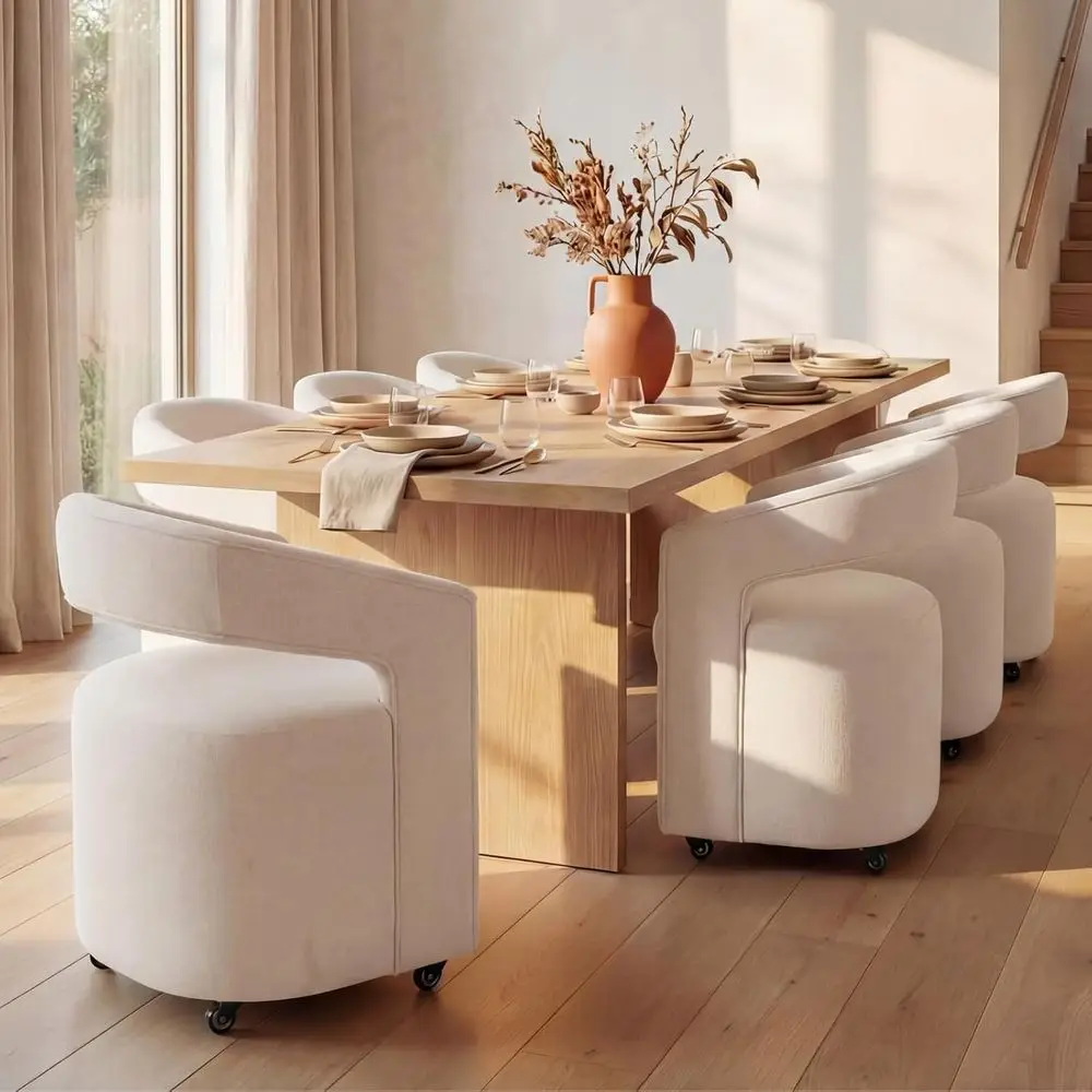 Upholstered Swivel Dining Chairs Set of 6 - Linen Fabric, Barrel Back, Rolling Kitchen or Living Room Seating, Beige
Upholstered Swivel Dining Chairs Set of 6 - Linen Fabric, Barrel Back, Rolling Kitchen or Living Room Seating, Beige