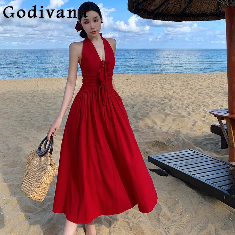 Summer New French Retro Red Halter Suspender Long Dress Ladies Elegant V-Neck A-line Fairy Temperament Sexy Ankle-length Dresses
Summer New French Retro Red Halter Suspender Long Dress Ladies Elegant V-Neck A-line Fairy Temperament Sexy Ankle-length Dresses