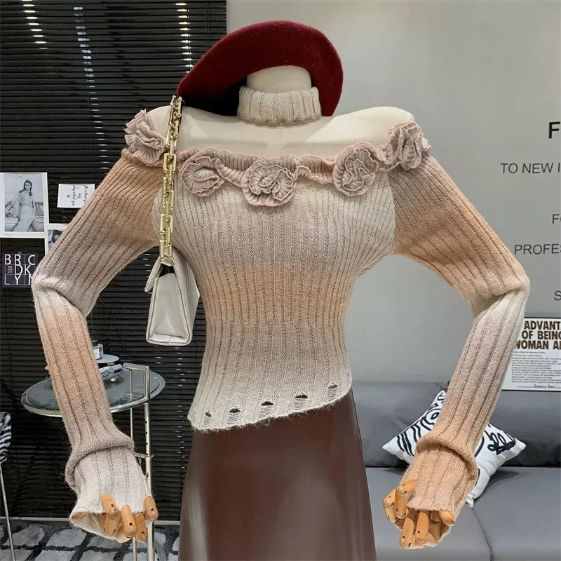 Korean Style Spicy Girl's Sweaters Floral Gradient Color Off Shoulder Slim Irregular Knitted Tops Women Chic Slash Neck Jumpers
Korean Style Spicy Girl's Sweaters Floral Gradient Color Off Shoulder Slim Irregular Knitted Tops Women Chic Slash Neck Jumpers