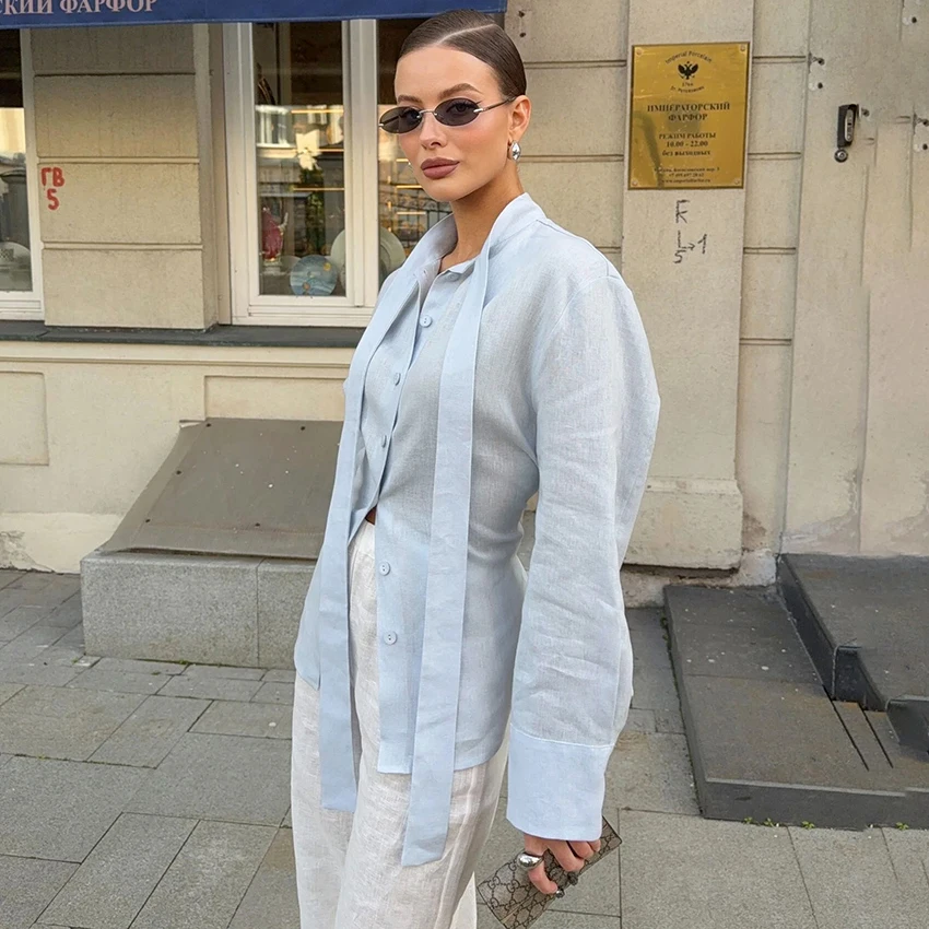 Linad Elegant Blue Cotton Scarf Collar Blouse Woman Office Red Single-Breasted Shirts Female Autumn Fashion Long Sleeve Top 2025
Linad Elegant Blue Cotton Scarf Collar Blouse Woman Office Red Single-Breasted Shirts Female Autumn Fashion Long Sleeve Top 2025
