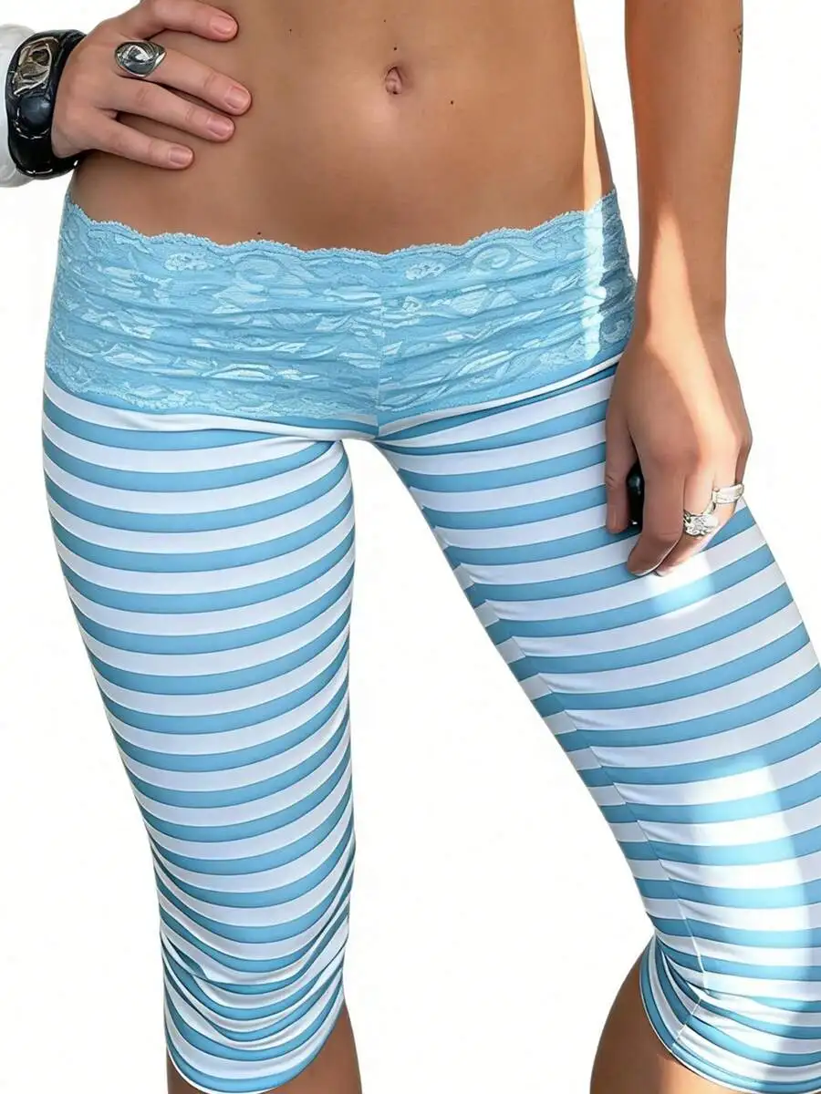 Lace Trim Mid Waist Striped Capri Leggings For Women Elastic Waist Ruffled Hem Slim Fit
Lace Trim Mid Waist Striped Capri Leggings For Women Elastic Waist Ruffled Hem Slim Fit