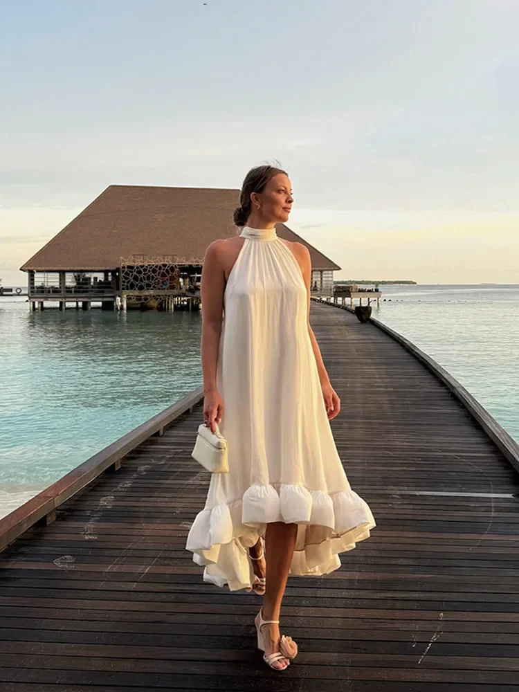 Elegant Solid Pleated Loose Hem Long Dress Women Fashion Off Shoulder Lace-up Halter Dresses 2025 New Beach Vocation Casual Robe
Elegant Solid Pleated Loose Hem Long Dress Women Fashion Off Shoulder Lace-up Halter Dresses 2025 New Beach Vocation Casual Robe