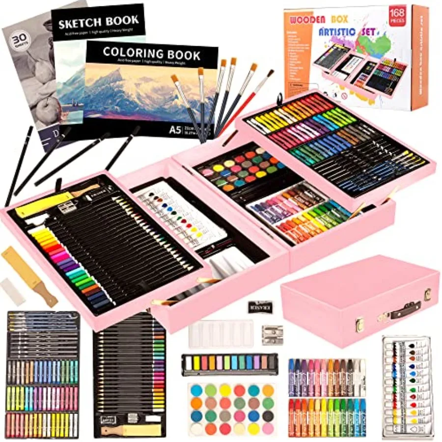 168 Pack Wooden Art Set, Deluxe Painting Drawing Kit with 3 Coloring Books, Oil Pastels, Watercolor Paints, Art Crafts Supplies
168 Pack Wooden Art Set, Deluxe Painting Drawing Kit with 3 Coloring Books, Oil Pastels, Watercolor Paints, Art Crafts Supplies