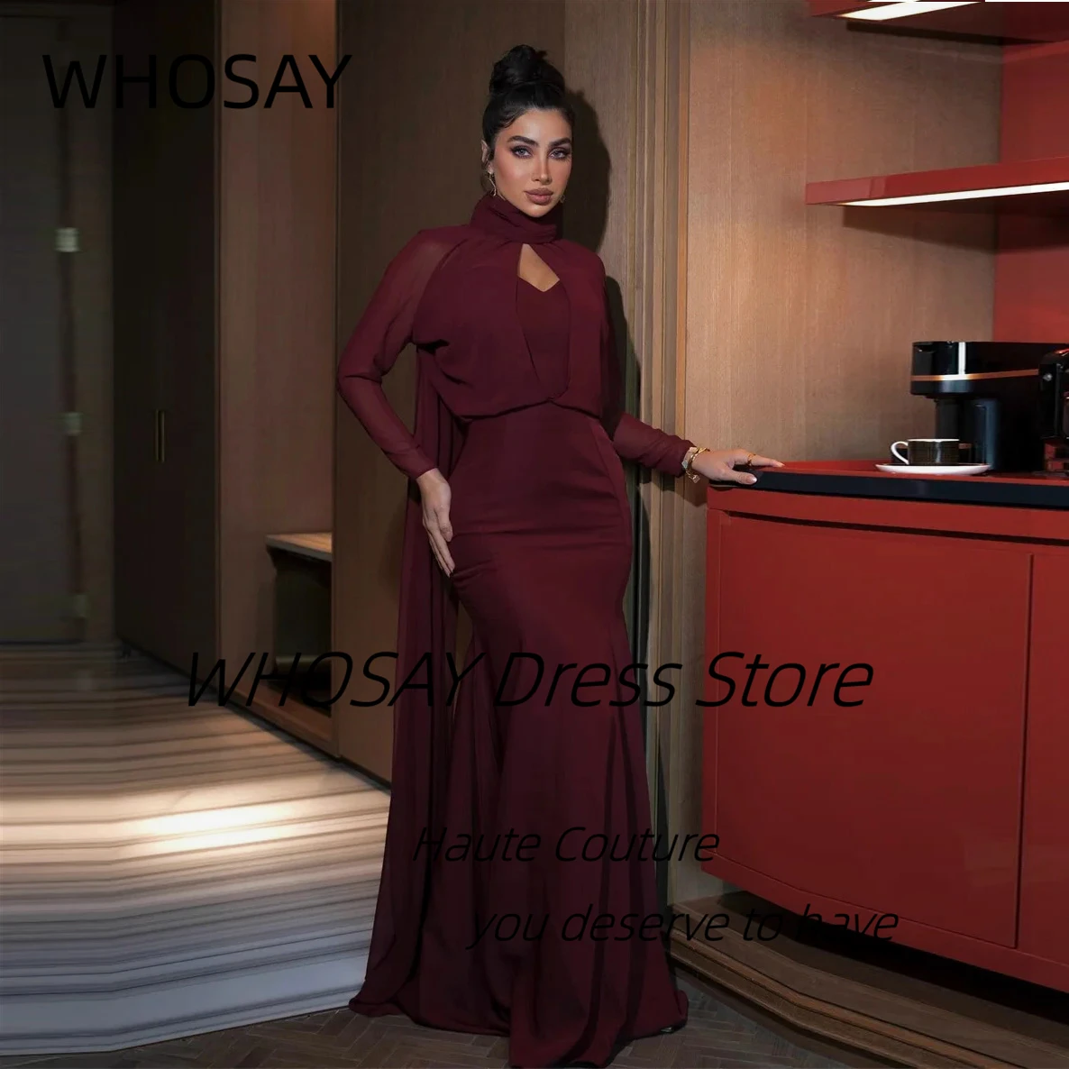 WHOSAY Vestidos De Gala Prom Dresses High Collar Sexy Back Burgundy Evening Party Gowns Customized Long Sleeves Robes De Soirée
WHOSAY Vestidos De Gala Prom Dresses High Collar Sexy Back Burgundy Evening Party Gowns Customized Long Sleeves Robes De Soirée