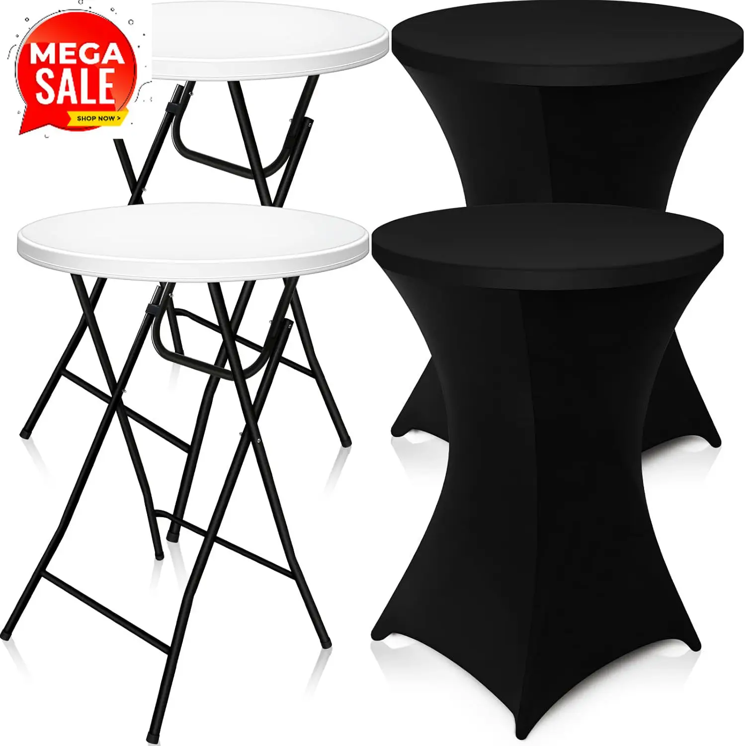 2 Sets 32" High Top Round Folding Cocktail Tables White Bar Height with Removable Legs & 32"x43" Spandex Stretch Table Covers (B
2 Sets 32" High Top Round Folding Cocktail Tables White Bar Height with Removable Legs & 32"x43" Spandex Stretch Table Covers (B