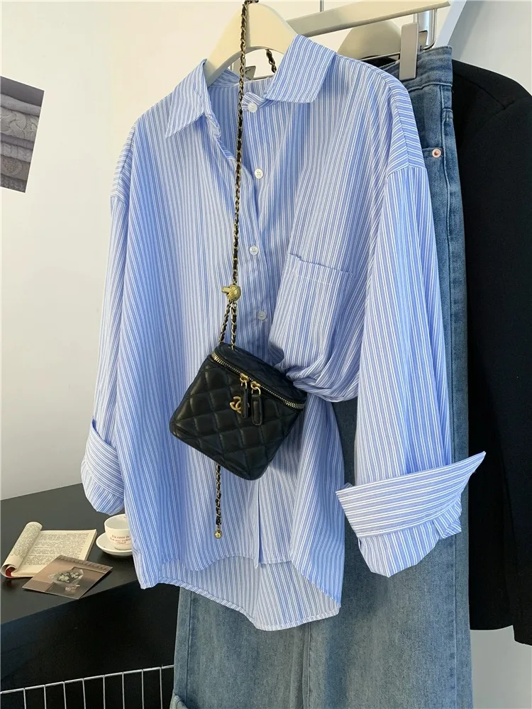 Blue Striped Collar Long Sleeve Loose Shirt Coat Women's Spring Autumn New Style Shoulder Length Sun Protection Top
Blue Striped Collar Long Sleeve Loose Shirt Coat Women's Spring Autumn New Style Shoulder Length Sun Protection Top