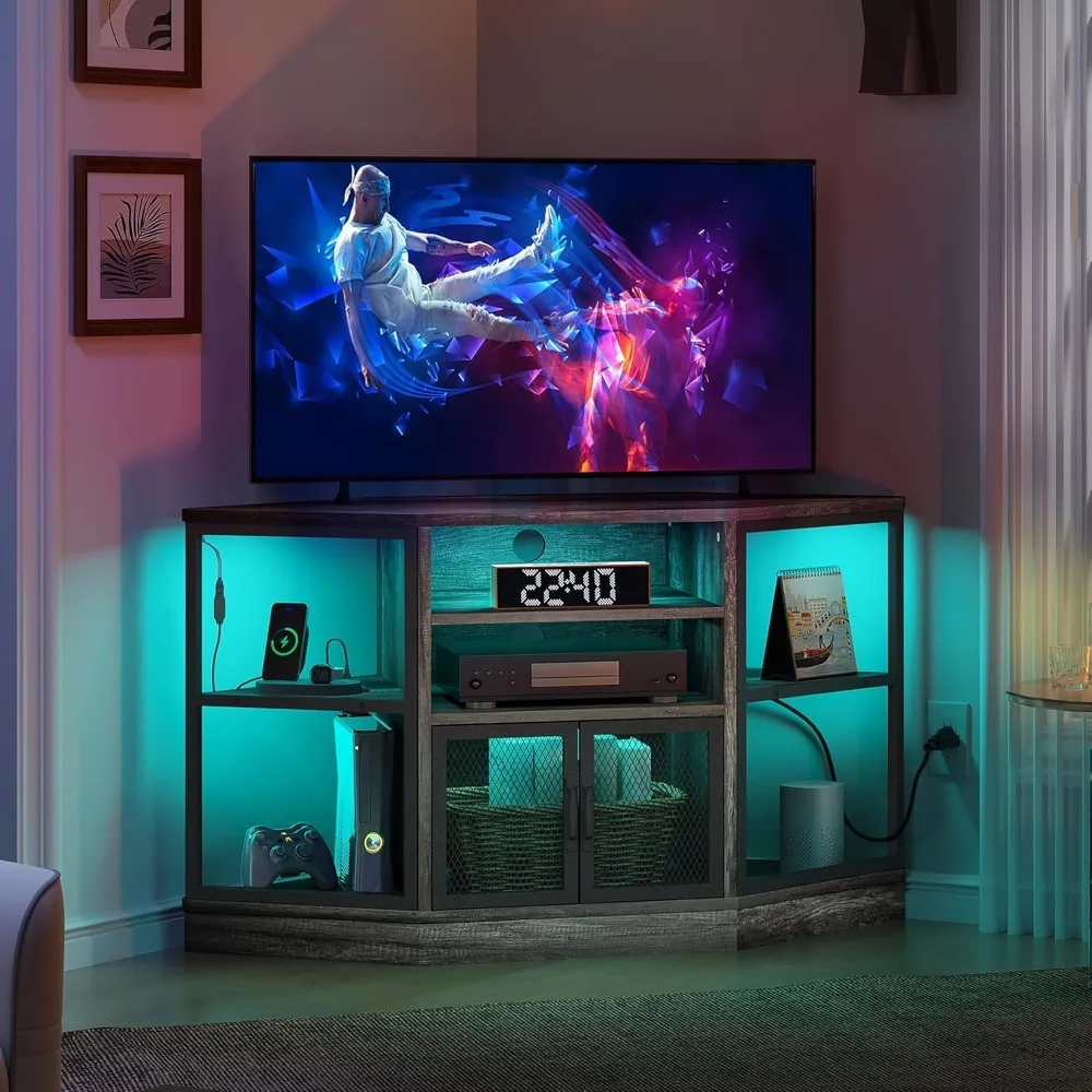 Corner TV Stands, Corner Entertainment Center, TV Cabinet with Power Outlet, LED Light Strip and Adujustable Shelf, Space S 
Corner TV Stands, Corner Entertainment Center, TV Cabinet with Power Outlet, LED Light Strip and Adujustable Shelf, Space S