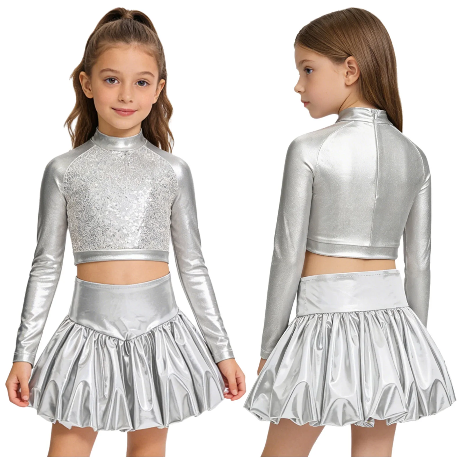 Kids Girl Jazz Hip-hop Dance Sets Performance Costume Long Sleeve Sequin Metallic Crop Top+Shiny Bubble Skirt Set for Stage Show
Kids Girl Jazz Hip-hop Dance Sets Performance Costume Long Sleeve Sequin Metallic Crop Top+Shiny Bubble Skirt Set for Stage Show