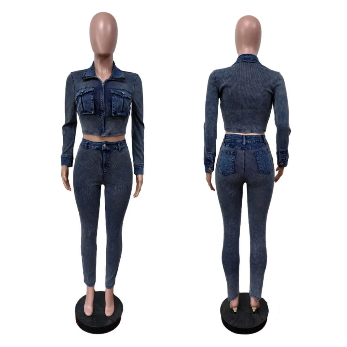 Women Fashion Ribbed Patchwork Denim 2 Piece Set 3D Pockets Long Sleeve Zipper Jackets Crop Tops + Pencil Pants Jeans Suits
Women Fashion Ribbed Patchwork Denim 2 Piece Set 3D Pockets Long Sleeve Zipper Jackets Crop Tops + Pencil Pants Jeans Suits