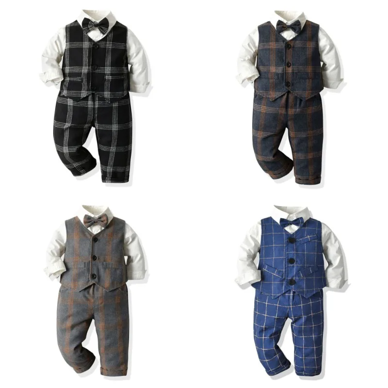 Children's spring autumn boys English plaid waistcoat suit lapel shirt trousers three-piece set European children's clothing
Children's spring autumn boys English plaid waistcoat suit lapel shirt trousers three-piece set European children's clothing