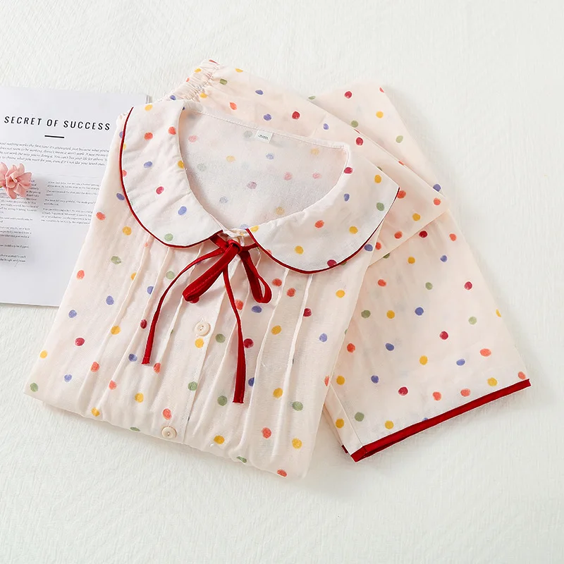 Women's Cotton Gauze Pajamas Cute Doll Collar Long-sleeved Trousers Loungewear Spring Color Dot Loose Home Clothes 2 Piece Sets
Women's Cotton Gauze Pajamas Cute Doll Collar Long-sleeved Trousers Loungewear Spring Color Dot Loose Home Clothes 2 Piece Sets