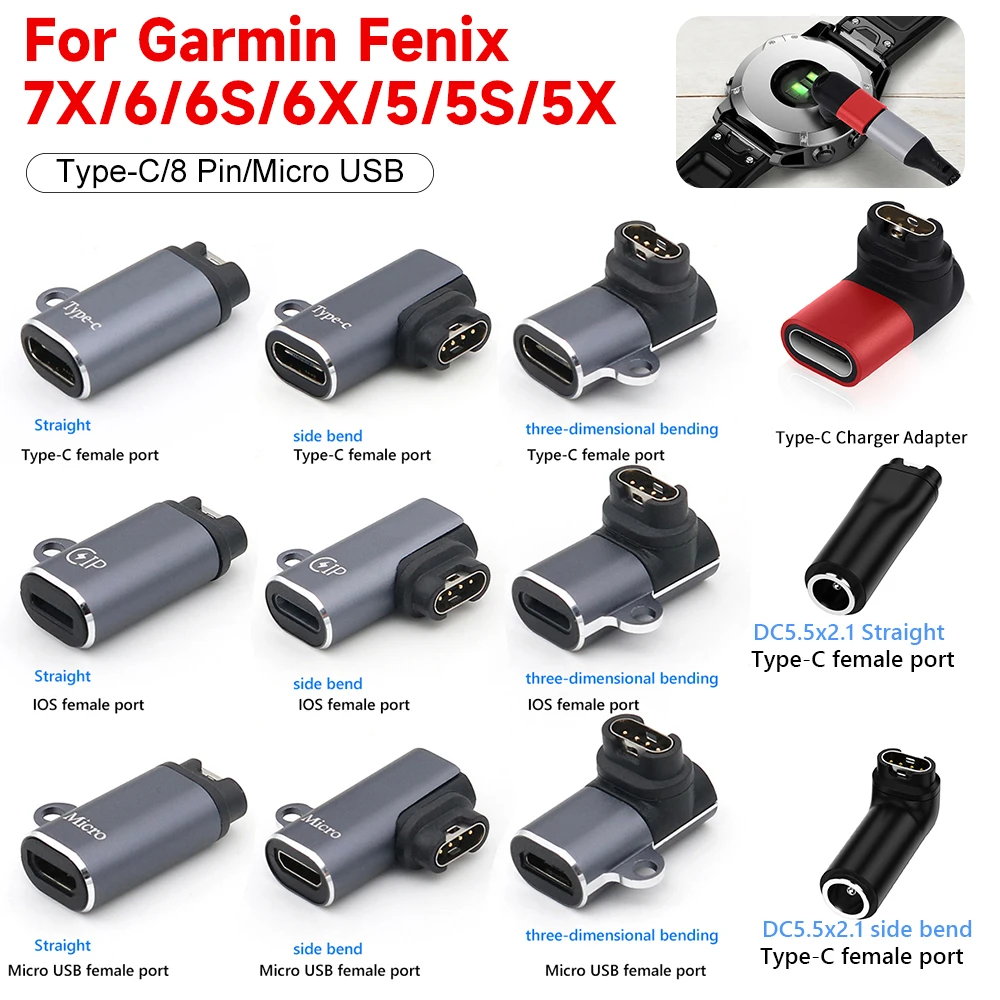 USB-адаптер для зарядного устройства типа C/Micro/ios для Garmin Fenix 7/6/5 Instinct 2S Venu 2 Plus EPIX forerunner 745, преобразователь зарядки часов
USB-адаптер для зарядного устройства типа C/Micro/ios для Garmin Fenix 7/6/5 Instinct 2S Venu 2 Plus EPIX forerunner 745, преобразователь зарядки часов