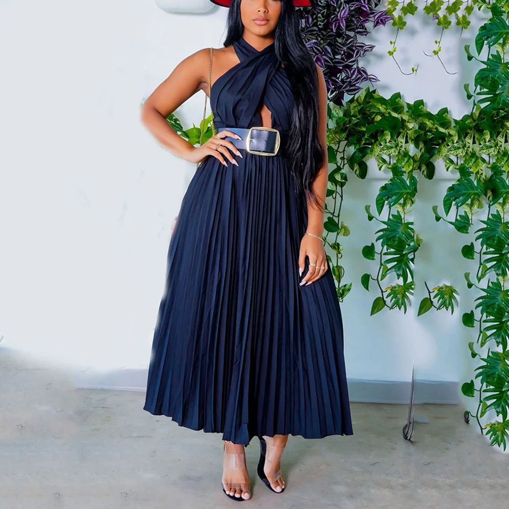 Summer Pleated Dresses for Women Halter Sleeveless High Waisted Ankle Length Fashion Ladies Birthday Party Dinner Vestidos Mujer
Summer Pleated Dresses for Women Halter Sleeveless High Waisted Ankle Length Fashion Ladies Birthday Party Dinner Vestidos Mujer