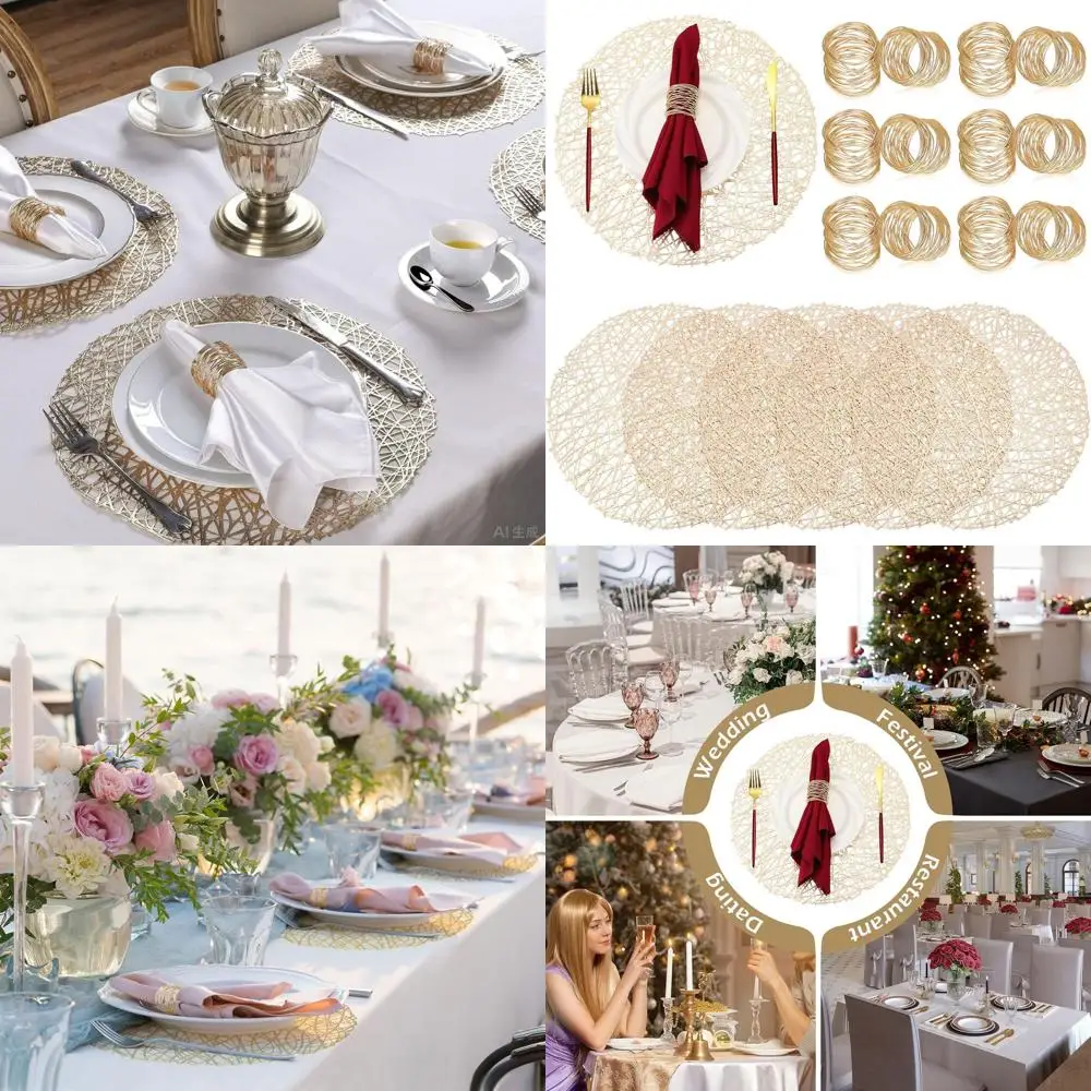 12-упаковка золотых тканых салфеток с полым дизайном, металлическими круглыми ковриками и сетчатыми кольцами для салфеток ручной работы для элегантных свадеб и
12-упаковка золотых тканых салфеток с полым дизайном, металлическими круглыми ковриками и сетчатыми кольцами для салфеток ручной работы для элегантных свадеб и