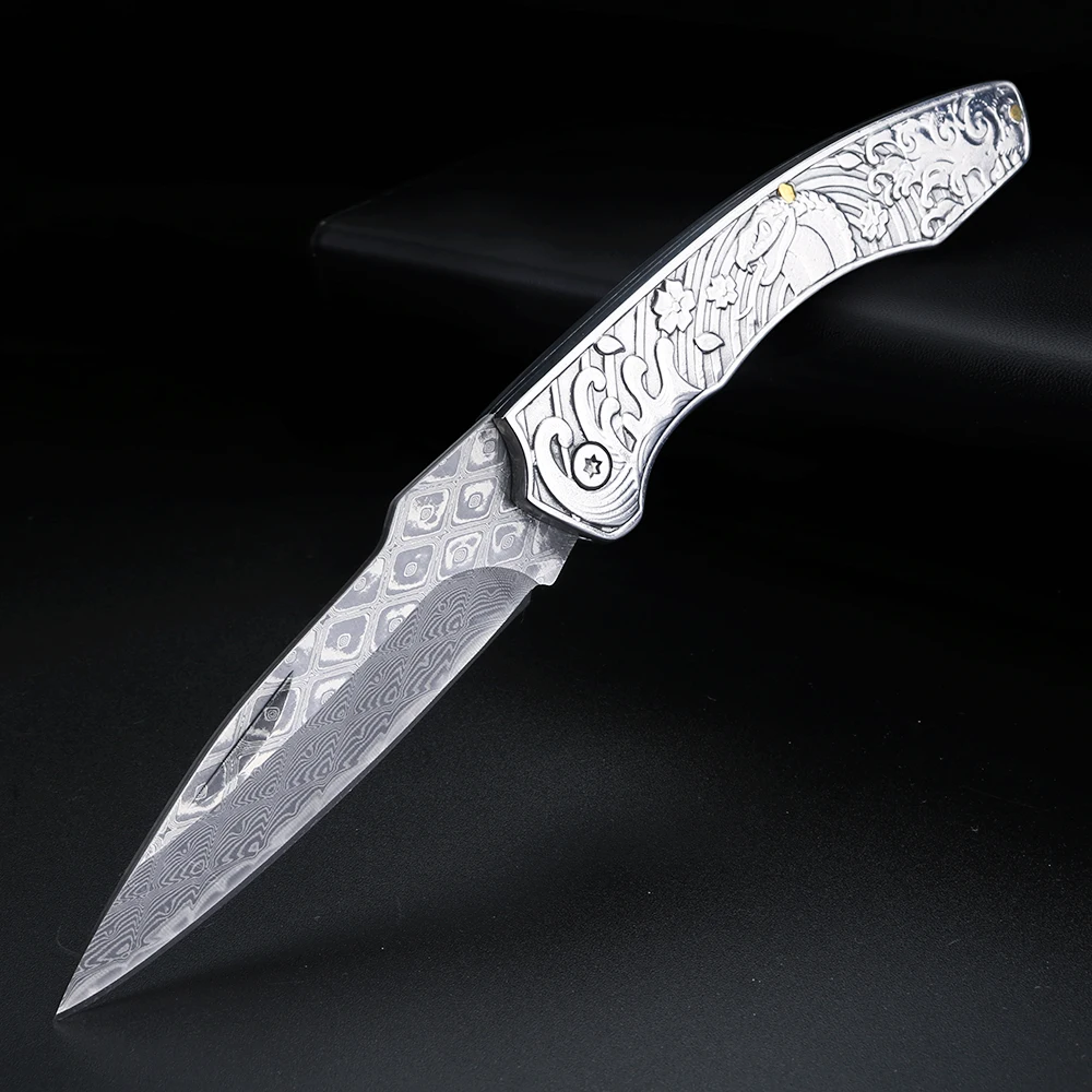 Silver Damascus steel high hardness folding knife, fruit peeler, portable pocket knife
Silver Damascus steel high hardness folding knife, fruit peeler, portable pocket knife