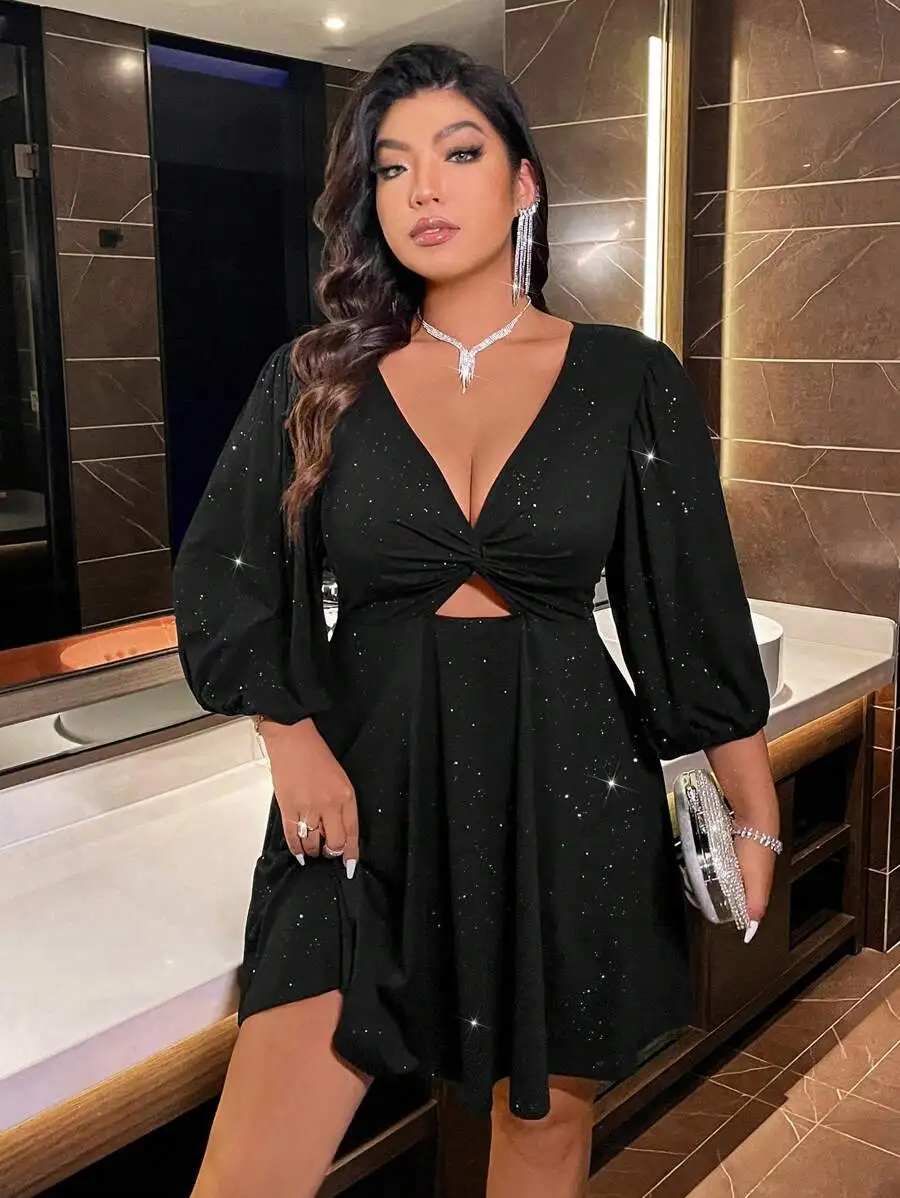Black Plus Size Glitter Mini Dress With Deep V-Neck, Puffed Sleeves, Front Twist Detail, And Side Hollow-Outs For Casual Events
Black Plus Size Glitter Mini Dress With Deep V-Neck, Puffed Sleeves, Front Twist Detail, And Side Hollow-Outs For Casual Events