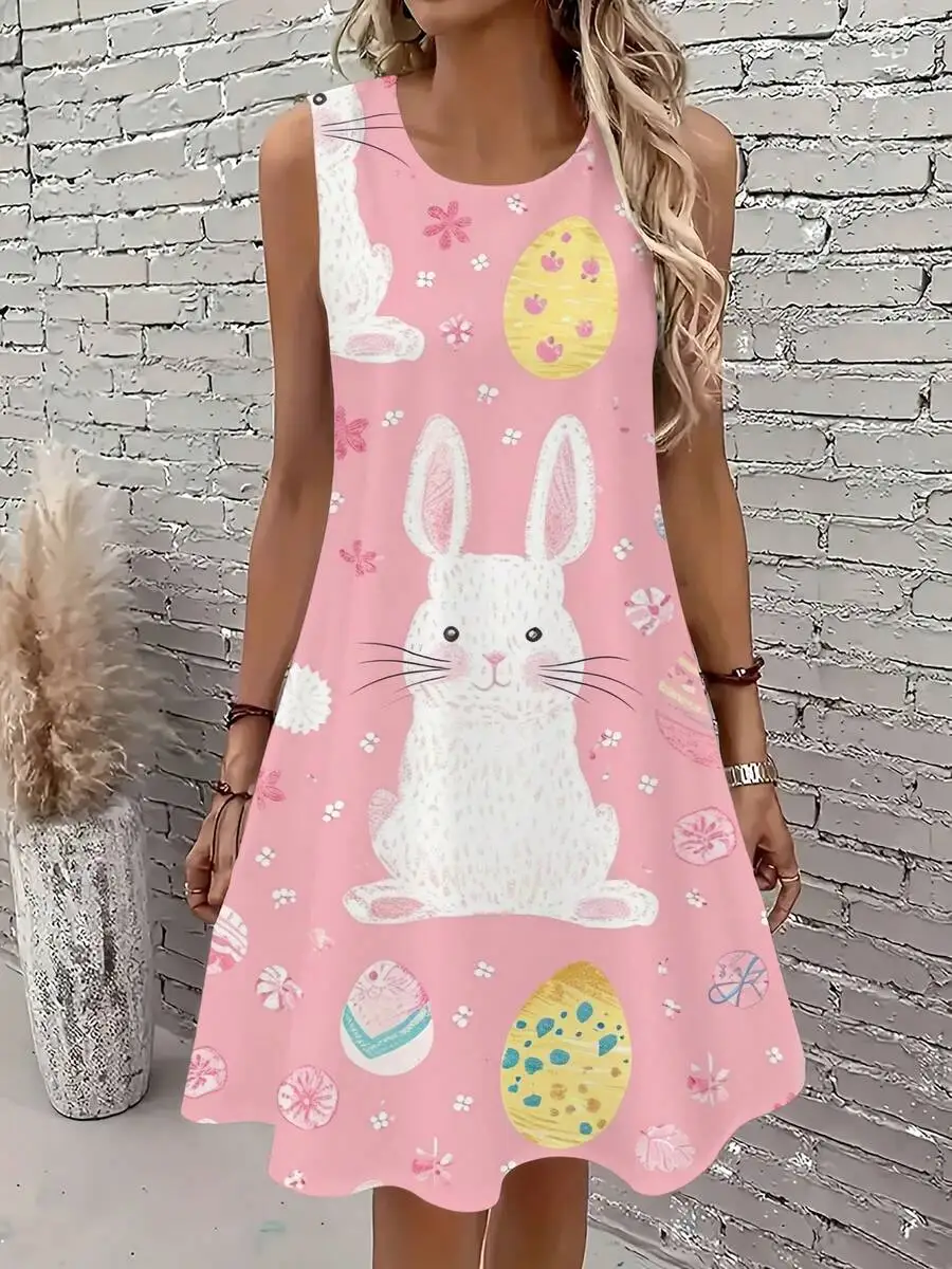 Sleeveless A-Line Round Neck Dress With Easter Bunny And Egg Print For Spring Casual Wear
Sleeveless A-Line Round Neck Dress With Easter Bunny And Egg Print For Spring Casual Wear