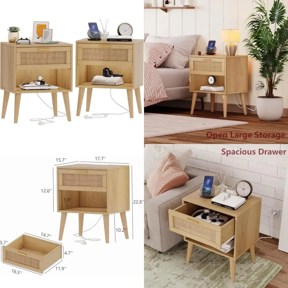 Set of 2 Irontar 17.7 Inch Boho Style Nightstands with Charging Station and Rattan Drawers for Bedroom
Set of 2 Irontar 17.7 Inch Boho Style Nightstands with Charging Station and Rattan Drawers for Bedroom