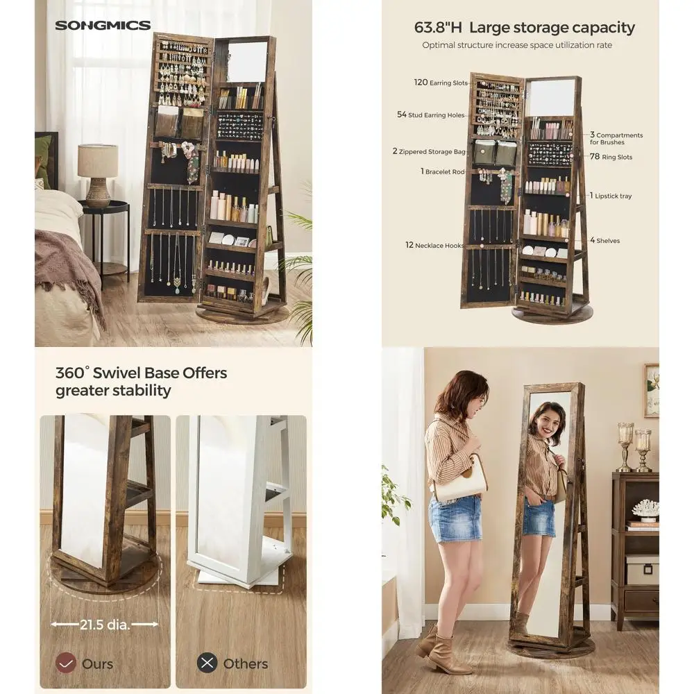 360 ° Вращающийся шкаф для украшений с замком, зеркалом в полный рост, полками для хранения, внутренним зеркалом, цвет: рустик-коричневый
360 ° Вращающийся шкаф для украшений с замком, зеркалом в полный рост, полками для хранения, внутренним зеркалом, цвет: рустик-коричневый
