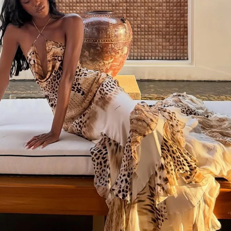 Summer Sleeveless Slim Ruffles Maxi Dress Fashion Vacation Backless Lady Maxi Dress Sexy Hollow Out Leopard Printed Halter Dress
Summer Sleeveless Slim Ruffles Maxi Dress Fashion Vacation Backless Lady Maxi Dress Sexy Hollow Out Leopard Printed Halter Dress