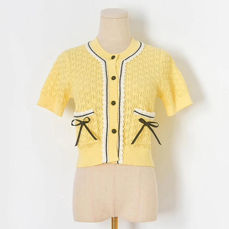 Women's Cropped Cardigan Y2k Knitwear Summer Thin Bows Pockets Hollow Out Round Neck Short-sleeved Knitted Sweater Top
Women's Cropped Cardigan Y2k Knitwear Summer Thin Bows Pockets Hollow Out Round Neck Short-sleeved Knitted Sweater Top