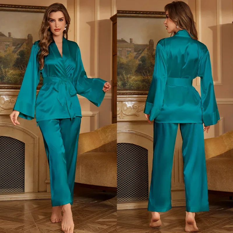 Solid Pajamas Set Ice Silk Kimono Top&pants Women Loose Sleepwear Satin Home Clothes Lady Sexy V-Neck Loungewear Nightwear
Solid Pajamas Set Ice Silk Kimono Top&pants Women Loose Sleepwear Satin Home Clothes Lady Sexy V-Neck Loungewear Nightwear