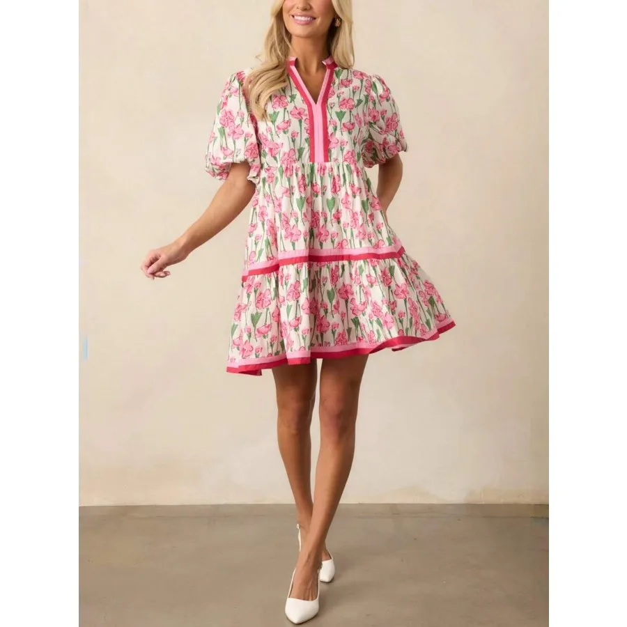 【New Arrival】Pink Floral Print Mini Dress, V-Neck Puff Sleeve Tiered A-Line Casual Sundress for Women
【New Arrival】Pink Floral Print Mini Dress, V-Neck Puff Sleeve Tiered A-Line Casual Sundress for Women