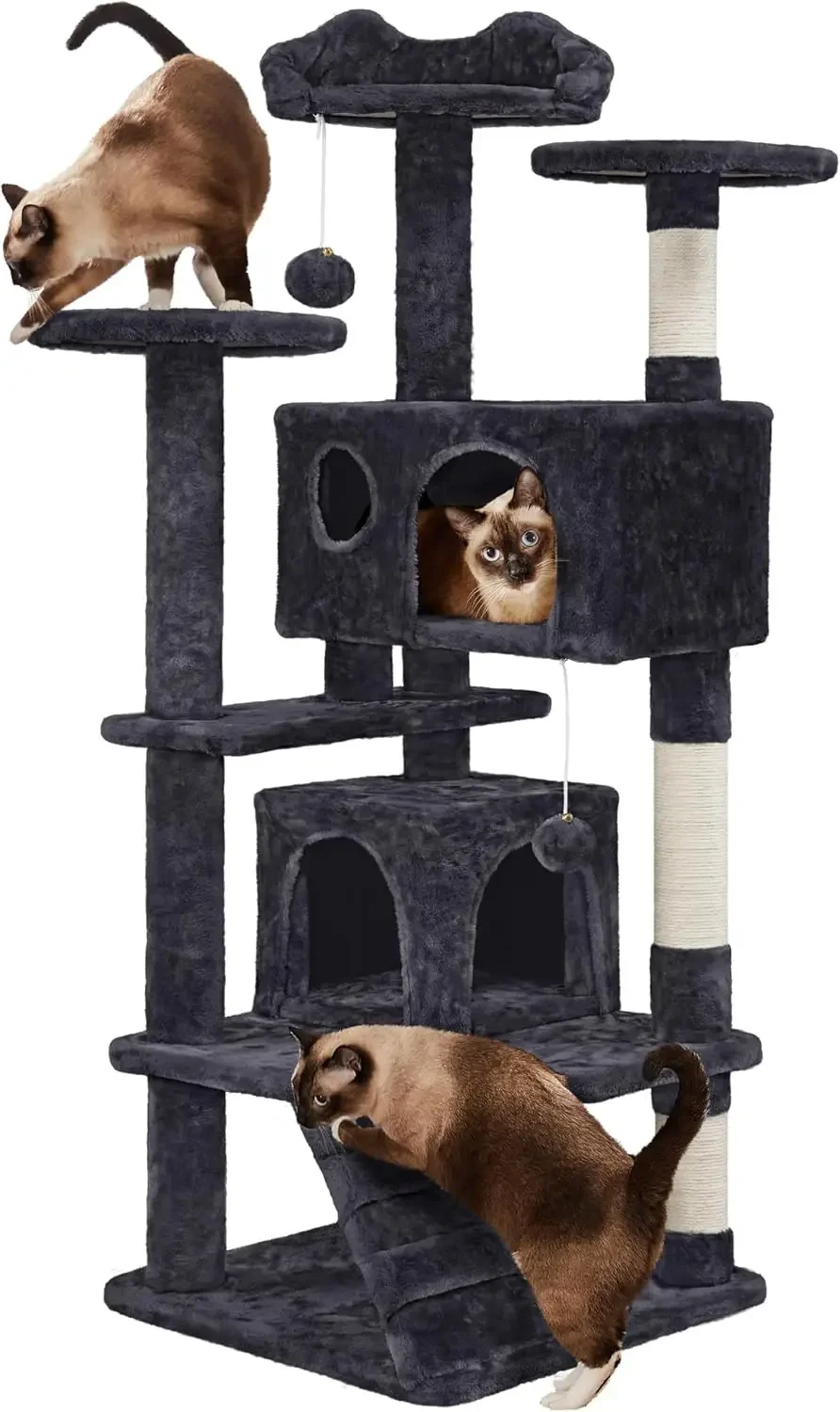 54in Multi-Level Cat Tree with Spacious Perch, 2 Caves, Scratching Posts, Climbing Ladder, 2 Plush Balls, Durable Pet Furniture for Indoor Kittens, Black
54in Multi-Level Cat Tree with Spacious Perch, 2 Caves, Scratching Posts, Climbing Ladder, 2 Plush Balls, Durable Pet Furniture for Indoor Kittens, Black