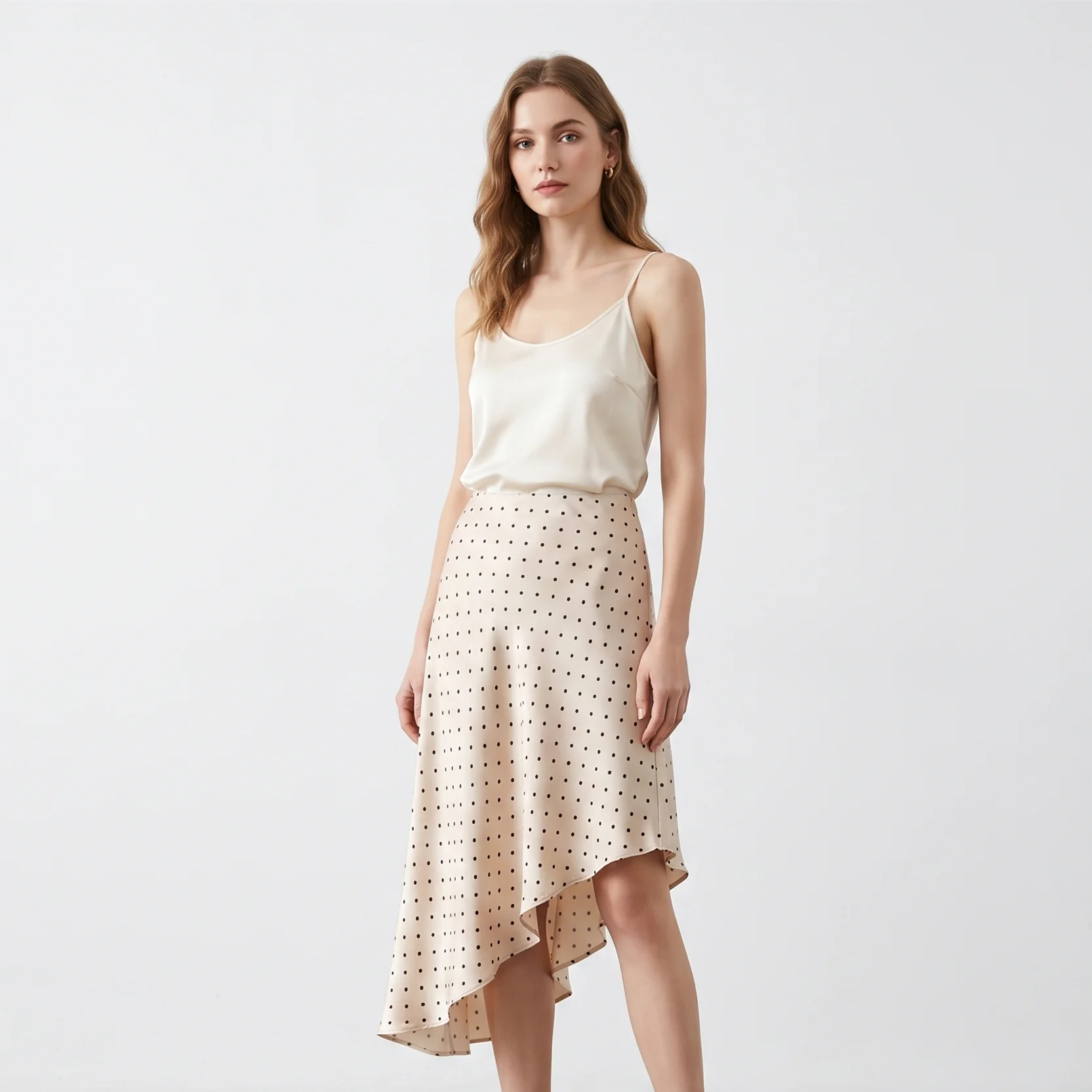Elegant Women's Polka Dot Satin Midi Skirt High Waist Asymmetrical Hem Flowy Slip Skirt
Elegant Women's Polka Dot Satin Midi Skirt High Waist Asymmetrical Hem Flowy Slip Skirt