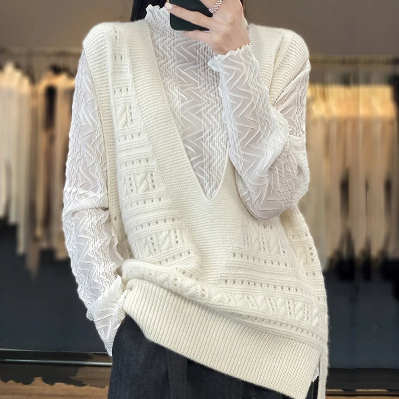 100% Wool Sweater Knittingt Vest Women Hollow Out Tops Loose Pullover Jumper Solid Waistcoat Spring Autumn Korean Y2k Clothing
100% Wool Sweater Knittingt Vest Women Hollow Out Tops Loose Pullover Jumper Solid Waistcoat Spring Autumn Korean Y2k Clothing