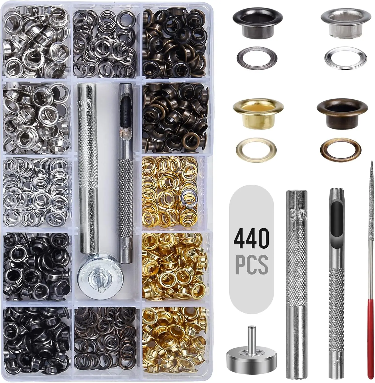 3/16 Inch Grommet Tool Kit, 440Pcs Eyelets with Extra Grinding Rod for Leather Craft, Belts, Bags, Shoes
3/16 Inch Grommet Tool Kit, 440Pcs Eyelets with Extra Grinding Rod for Leather Craft, Belts, Bags, Shoes