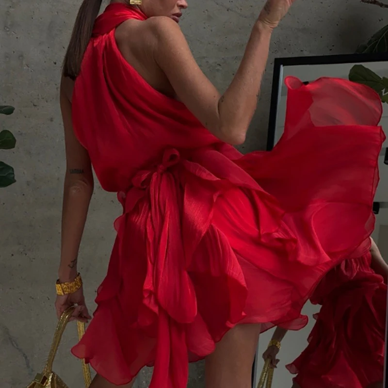 Lady Chic Irregular Ruffle Edge Waist Cinch Dress Sexy Solid Hang Neck Sleeveless Dress Elegant Tie Up Off Shoulder Beach Dress
Lady Chic Irregular Ruffle Edge Waist Cinch Dress Sexy Solid Hang Neck Sleeveless Dress Elegant Tie Up Off Shoulder Beach Dress