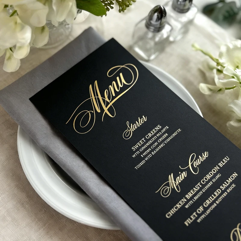 10PCS Simple and Classy Personalized Wedding Menu Card, Custom Gold Foil Menu Cards for Wedding Table Decorations
10PCS Simple and Classy Personalized Wedding Menu Card, Custom Gold Foil Menu Cards for Wedding Table Decorations